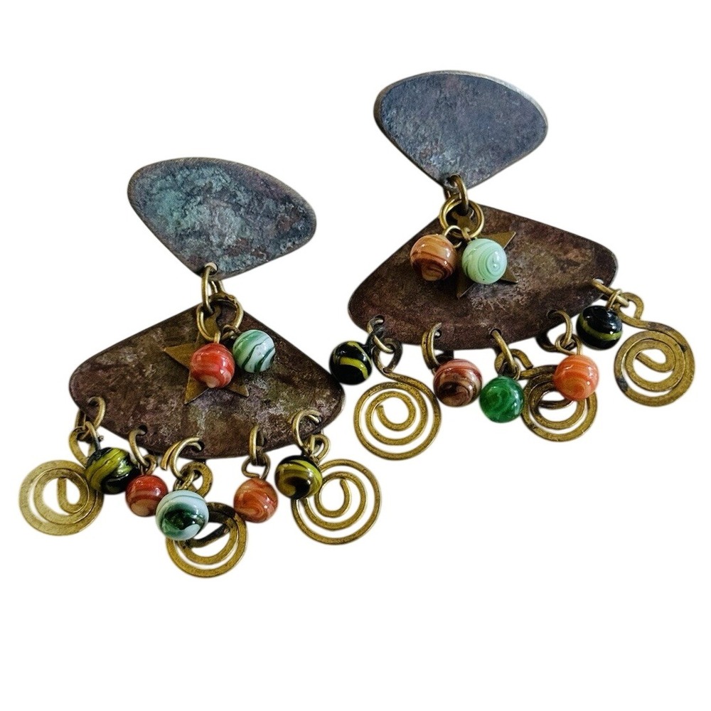 Star BOHO Earrings VTG Patina Glass Pierced Enamel Distressed dangle Chunky 70s